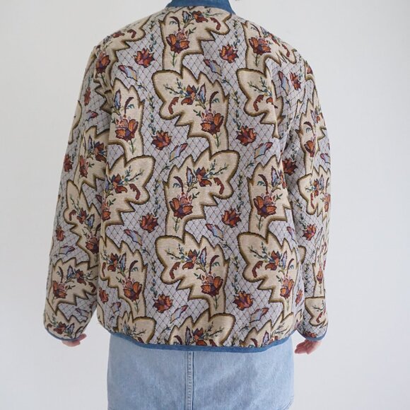 Denim & Co Blue Floral Tapestry Button Front Jacket Woven Boho Grandmacore L - Picture 2 of 10